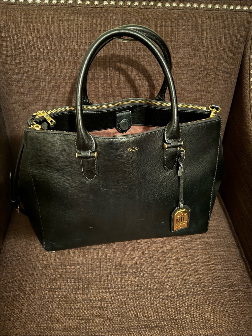 Ralph Lauren Black Leather Tote with Tan Interior and Gold Plaque